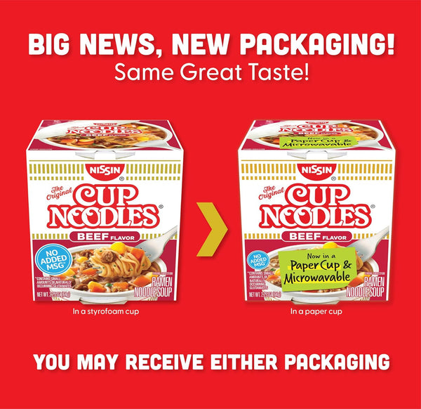 Nissin Cup Noodles Soup, Beef Flavor, Microwaveable Paper Cups, Instant Ramen, 2.25 Ounce (Pack of 12) | Instant Ramen Noodle Soup, Microwaveable