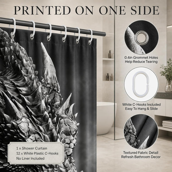 Dragon Shower Curtain for Bathroom, Black and White Boho Shower Curtain Set, Animal Fabric Modern Waterproof Bathroom Decor with 12 Hooks 72x72in