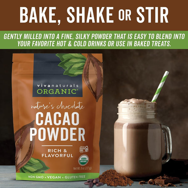 Organic Cacao Powder, Unsweetened, 8 oz (227 g) – Rich Dark Chocolate Flavor, Perfect for Baking, Smoothies & Hot Chocolate – Vegan, Keto, Paleo,