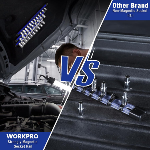 WORKPRO Magnetic Socket Organizer, Heavy Duty 3/8-Inch Drive Socket Rail | Aluminum Alloy, 10 Pieces Clips, Rotatable & Movable Clips, Efficient