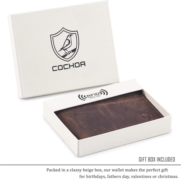 Wallet for Men Slim RFID Blocking Leather Bifold Minimalist 2 ID Windows Gift Box Carteras Para Hombres (CRAZY HORSE, COGNAC) COGNAC CRAZY HORSE