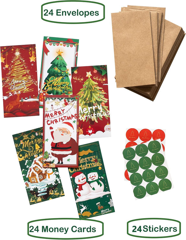 Christmas Money Cards with Kraft Envelopes - 24 Money Holder Christmas Cards with 24 Kraft Envelopes 24 Festive Holiday Stickers-6 Designs