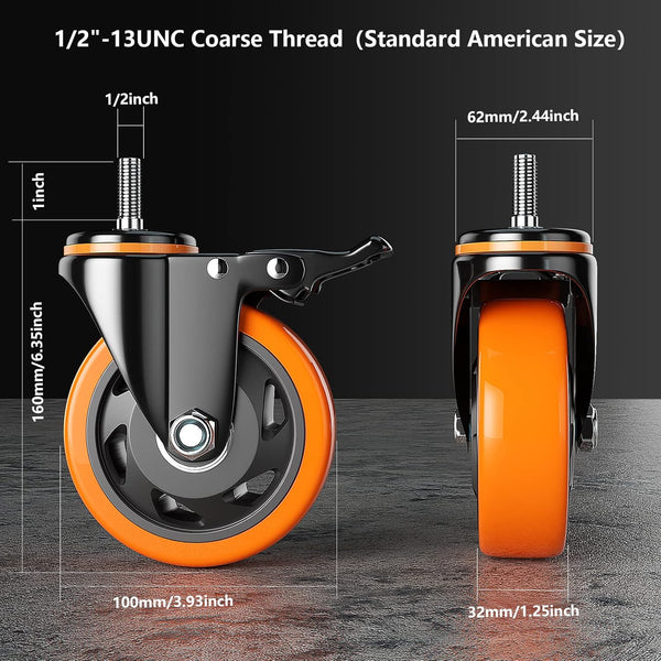 4 Inch Caster Wheels 2000Lbs, Threaded Stem Casters Set of 4 Heavy Duty, 1/2"-13 x 1 (Screw Diameter 1/2", Stem Length 1"), Safety Dual Locking