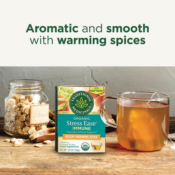 Traditional Medicinals Tea, Organic Stress Ease Immune with Adaptogens, Everyday Immune Support, Reishi Warming Spice, 16 Tea Bags