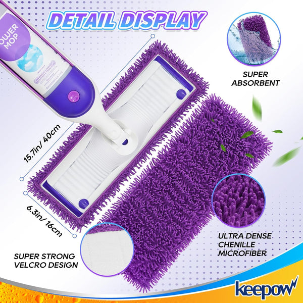 KEEPOW Reusable Microfiber Mop Pads Compatible with Swiffer Powermop 4 Pack, Power Mop Pads Refills for 13 ''-15 '' Spray Mop, Machine Washable
