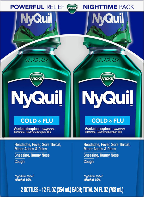 Vick NyQuil Cough Cold and Flu Nighttime Relief, Original Liquid, 2x12 Fl Oz 12 Fl Oz (Pack of 2)