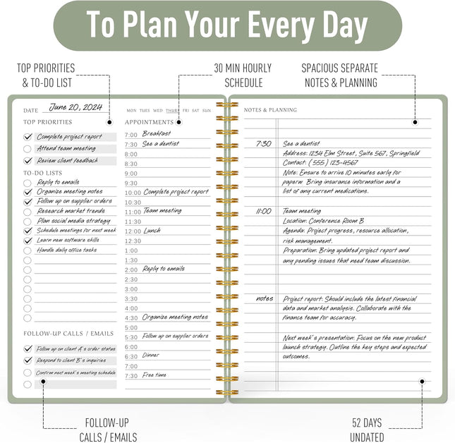 Daily Planner Undated - Simplified to Do List Notebook with Hourly Schedules, Sp