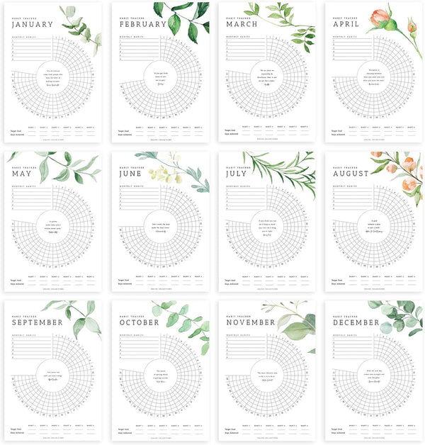 Bliss Collections Habit Tracker Calendar Notepad, Greenery Floral, Gold Spiral Binding, Inspirational and Motivational Monthly Journal to Track