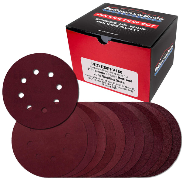 ProductionShop 5" Red 8-Hole Pattern Sanding Discs, 160 Disc Variety Pack, Grits 40, 60, 80, 100, 120, 150, 180, 220, 320, 400, 600, 800 - Hook &
