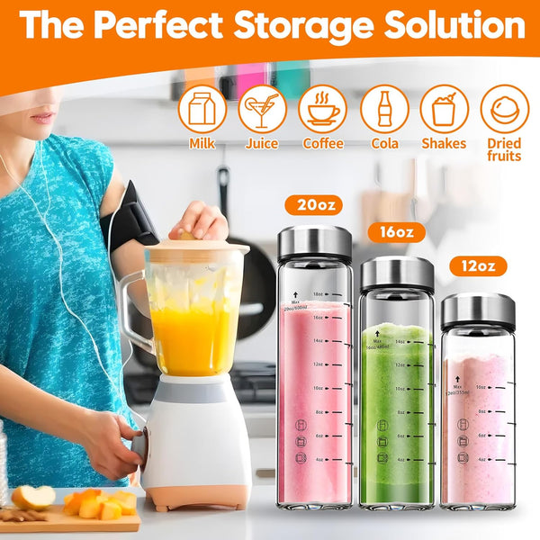 SIEROZUR Glass Juice Bottles 16 Oz-2 Pack Leak Proof Wide Mouth Water Bottle with Stainless Steel Lid & Sleeve - for Juicing, Smoothies, Infused