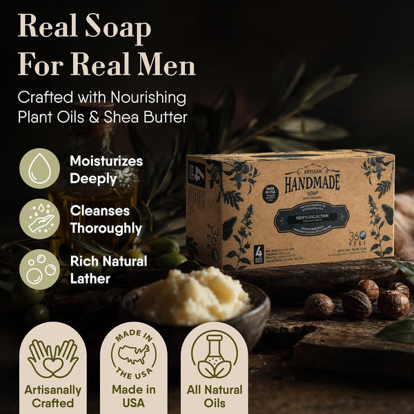 360Feel Mens Bar Soap - Made in the USA - Castile Handmade All Natural Cold Processed - Gentle on Sensitive Skin - 4 Bold Masculine Scents: Bay