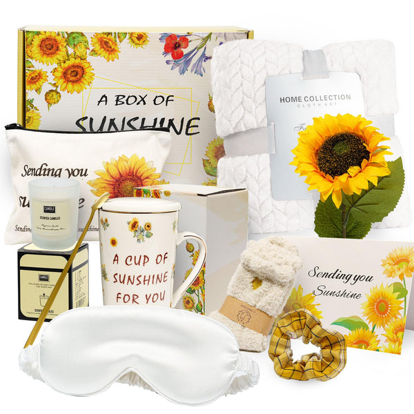 Sunflower-Themed Encouragement Gift Box for Women - Self Care Package with Ultra Soft Flannel Blanket, Best Friend Birthday, Thinking of You Gifts