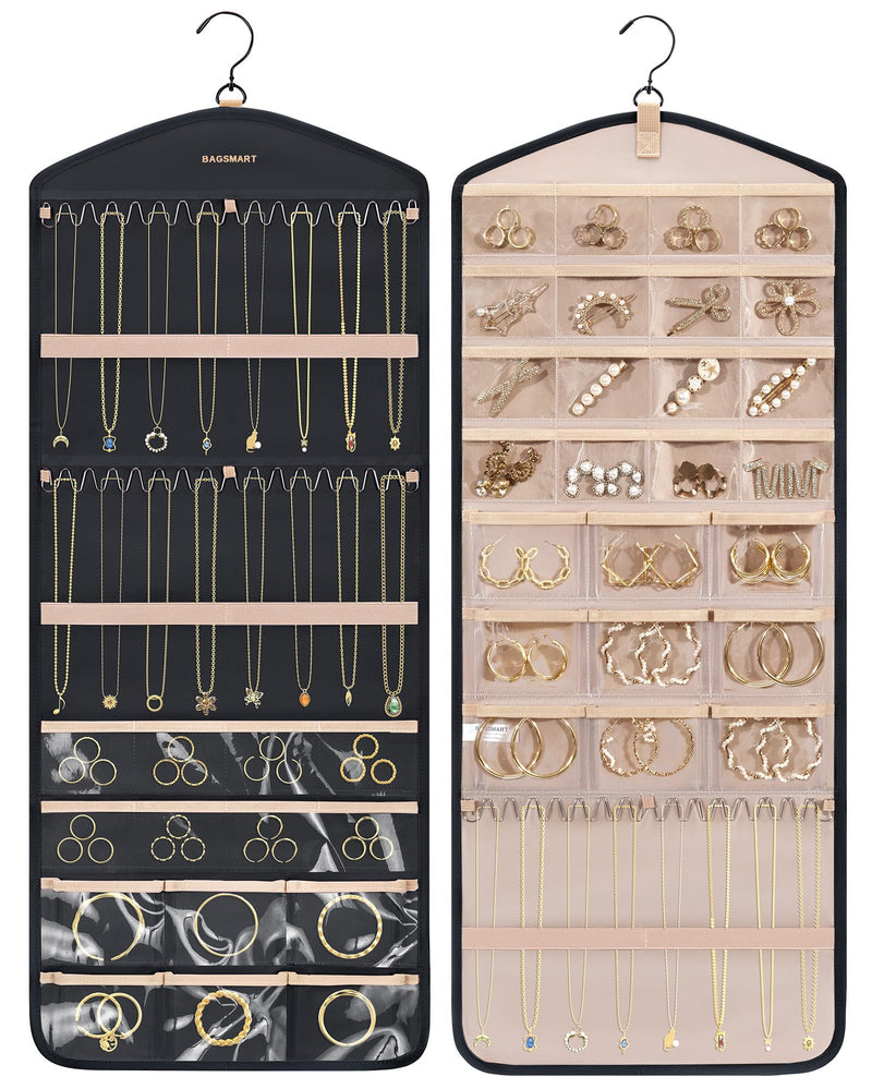 BAGSMART Hanging Jewelry Organizer with Hanger Metal Hooks Double-Sided Jewelry Holder for Organizing Earrings Necklaces Rings Perfect for in