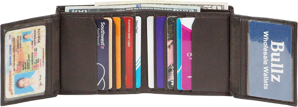 Bullz Genuine Nappa Cow Leather Thick Dual Credit Card ID Flap Quad Fold Large Bifold Mens Wallet Passcase RFID | Genuine Brown