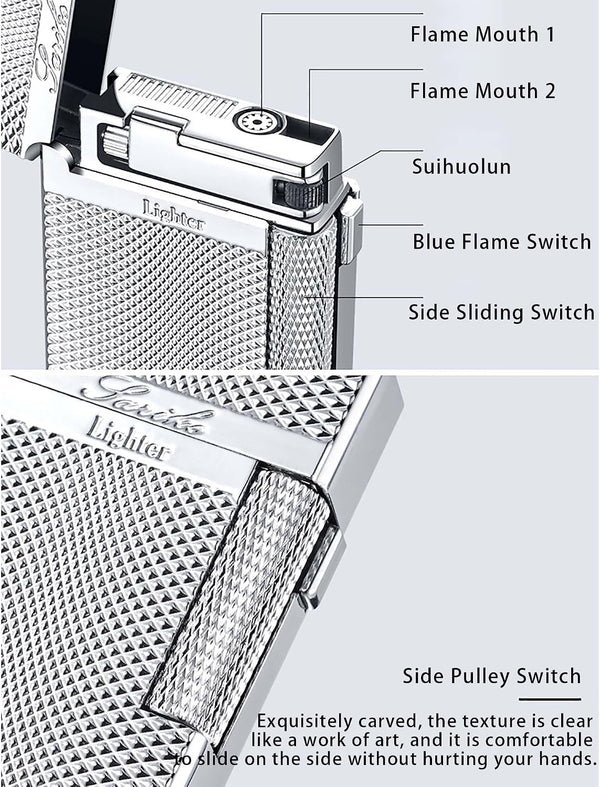 Dual Flame Mode Classic Lighter, Jet Torch Lighter Soft Flame Lighter 2 in 1 Windproof Refillable Butane Lighter for Men Dad Husband Collect,Black c