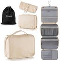 Elviros Hanging Travel Toiletry Bag for Women Vegan Leather (Beige) | 3-in-1 Waterproof Makeup Bag with Compartments for Skincare, Toiletries,