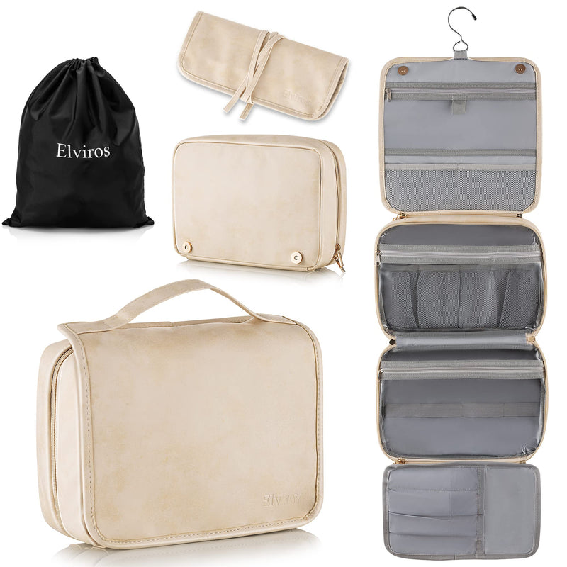 Elviros Hanging Travel Toiletry Bag for Women Vegan Leather (Beige) | 3-in-1 Waterproof Makeup Bag with Compartments for Skincare, Toiletries,