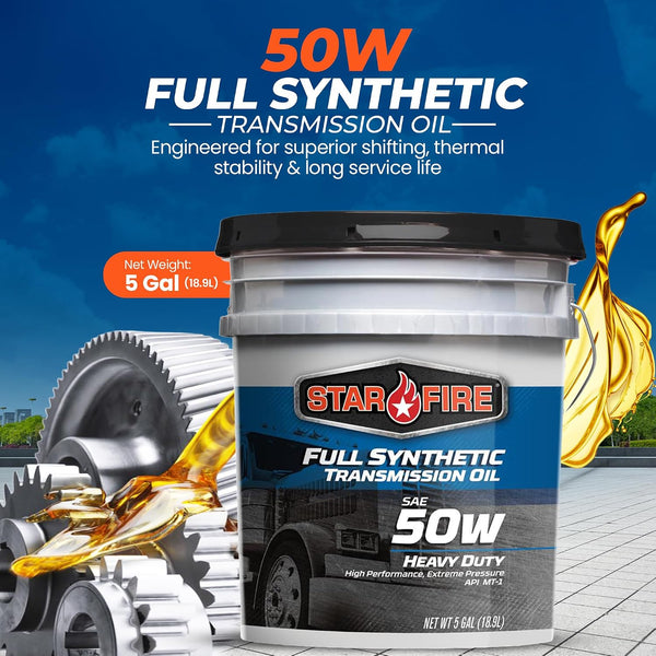 STARFIRE SAE 50W Full Synthetic Transmission Oil – 5 Gallon Pail – Heavy Duty Gear Oil for Manual Transmissions – Long Drain, High Temp, Oxidation