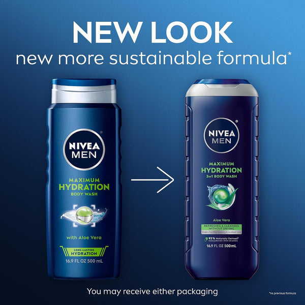 NIVEA MEN Maximum Hydration Body Wash for Dry Skin, Aloe Vera Enriched, 3-in-1 Moisturizing Body Wash, Face and Hair, Paraben Free, Vegan Formula,