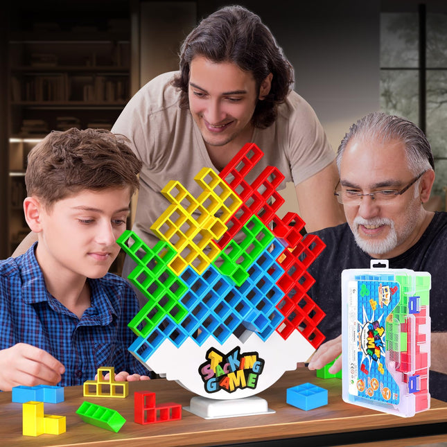 48PCS Stack Attack Game for Adult & Kids, Tetra Board Tower Games for Family Travel Party, 2 Players Balance Stacking To