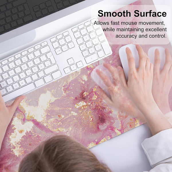 QiyI PU Leather Large Mouse Pad, Office Decor, 31.5" x 15.7", Rose Gold Pink Gold Marble 31.5" x 15.7"