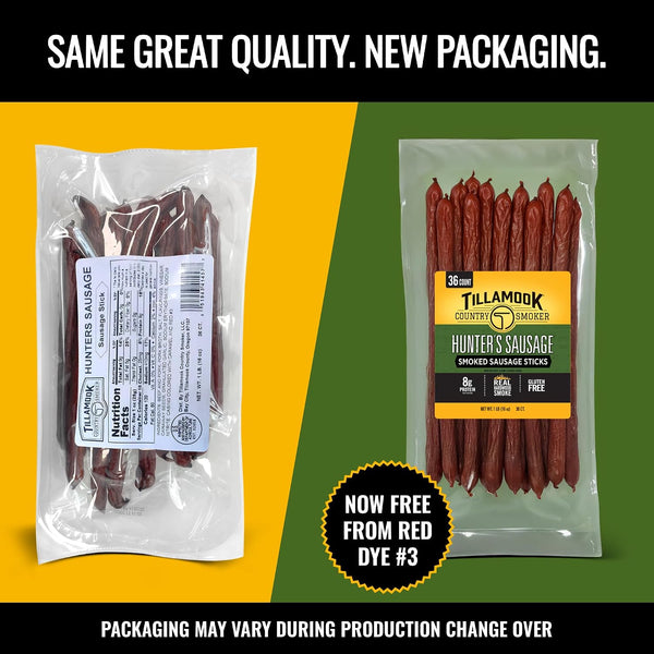 Tillamook Country Smoker Hunter’s Sausage Smoked Sausage, 16 Oz, 36 Ct, Bulk Pack, Real Hardwood Smoked Beef Meat Sticks, 8g Protein, 0g Sugar &