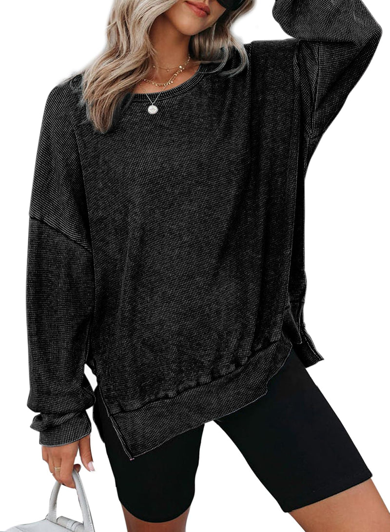 Dokotoo Sweatshirt for Women Oversized Waffle Knit Crewneck Sweatshirts Long Sleeve Side Slits Casual Pullover Tops Small Pink