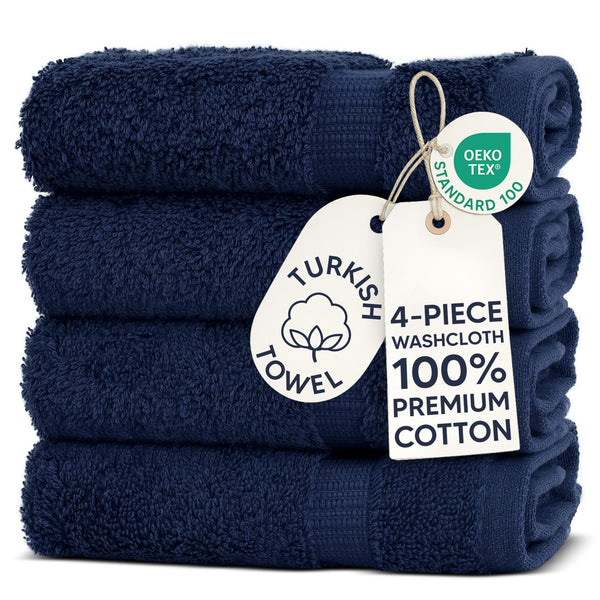 Chakir Turkish Linens | Hotel & Spa Quality 100% Cotton Premium Turkish Towels | Soft & Absorbent (4-Piece Washcloths, Navy) Navy 4-Piece Washcloths
