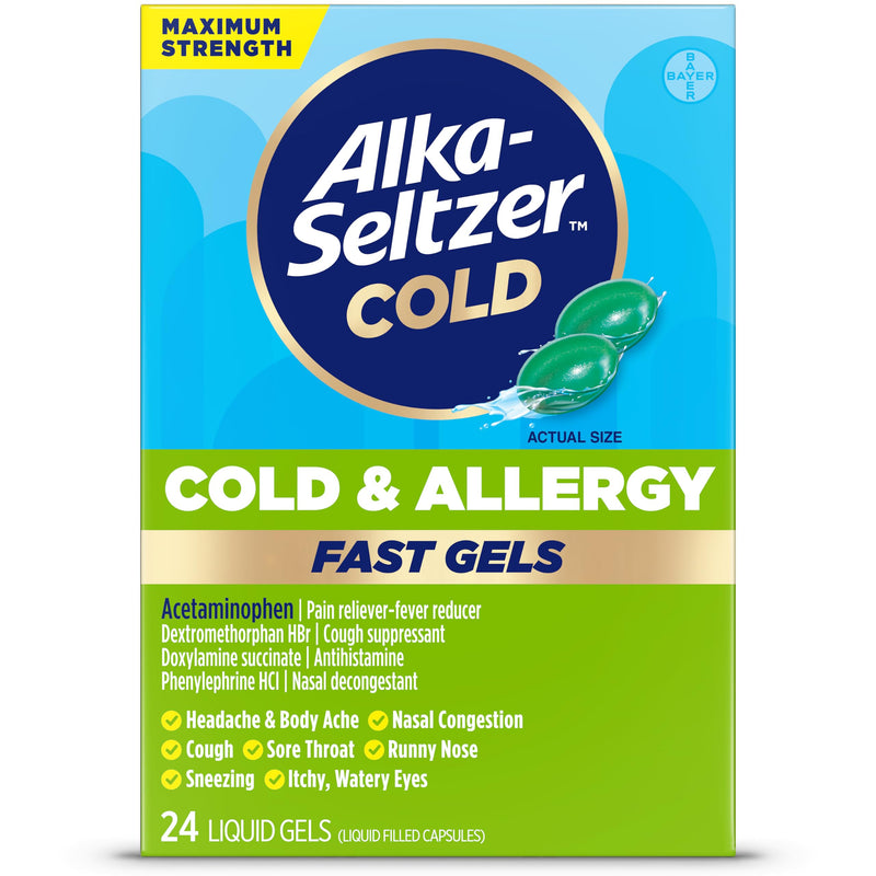 Alka-Seltzer Cold, Cold & Allergy Max Strength Fast Gels, Allergy Medicine, Multi-Symptom Relief, Body Aches and Pains, Congestion Relief, 24