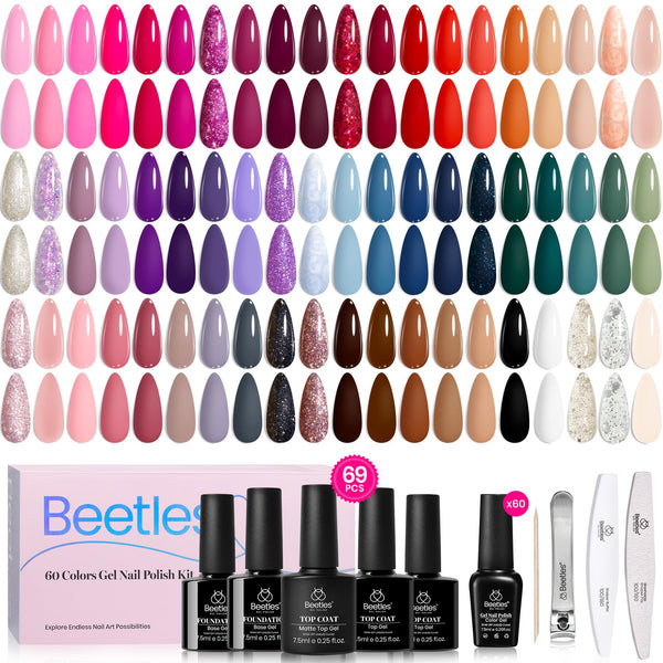 Beetles Gel Nail Polish Set, Transcendent Allure 60 Colors Gel Polish Kit | Orange Burgundy Red Green Brown Blue White Black Purple Glitter, Base