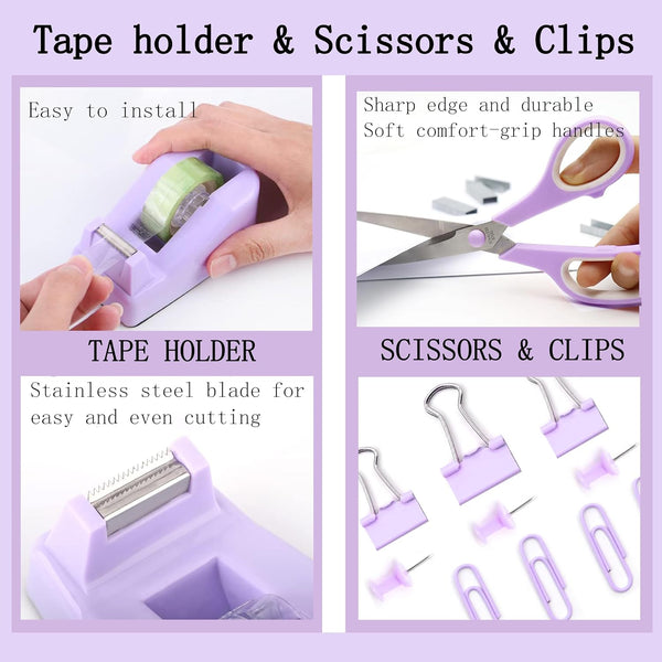 Purple Desk Accessories, Purple Office Supplies 360ÃÂ°Pen Holder Desk Organizers and Accessories with Tape Dispenser, Stapler, Staple Remover, 1000