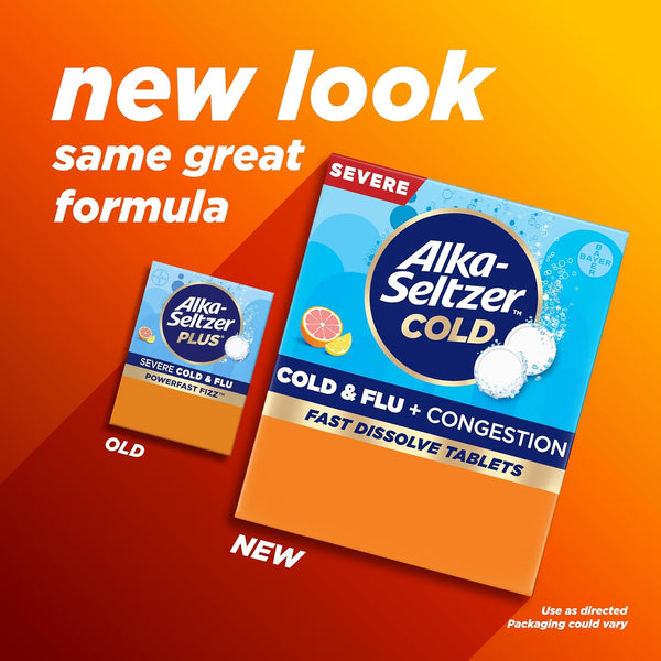 Alka-Seltzer Cold, Cold & Flu + Congestion Severe Fast Dissolve Tablets, Flu Medicine, Multi-Symptom Relief, Body Aches and Pains, Fever Reducer,