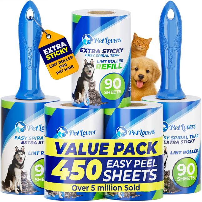 Petlovers Extra Sticky Lint Roller Mega Value Set 450 Sheets for Pet Hair Remova