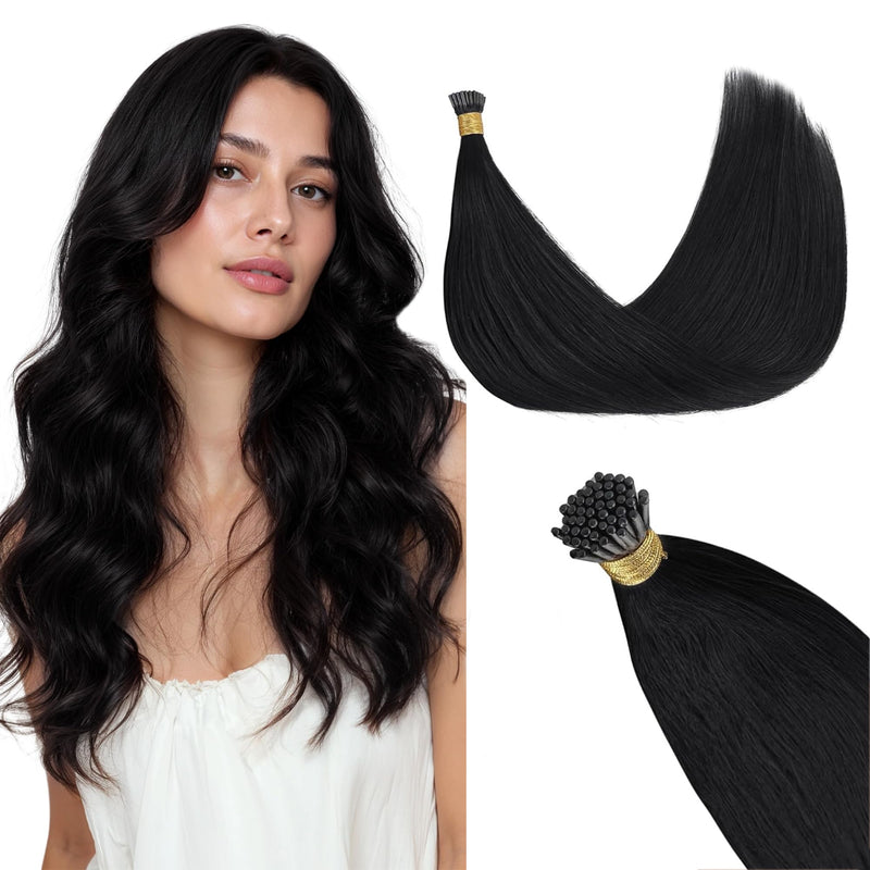 GOO GOO I Tip Hair Extensions Real Human Hair, 14inch 50g 100S, Cold Fusion I Tip Hair Extensions, Invisible Remy Hair Extension, 1 Jet black I-