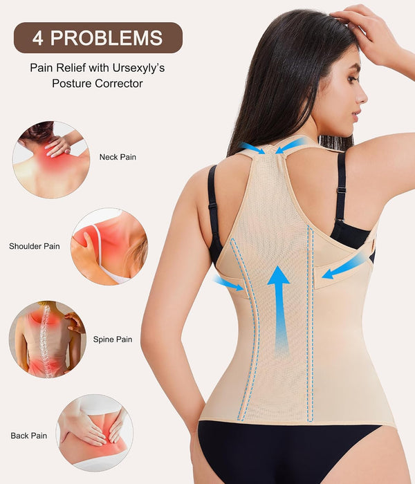 URSEXYLY Back Brace Posture Corrector for Women Adjustable Full Back Support Shoulder Straightener Upper and Lower Back Pain Relief(Beige,L) Large