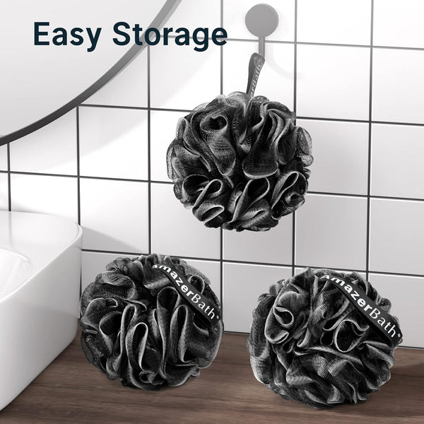Amazerbath Loofah Sponge, Shower Loofah for Men and Women - Body Scrubber Loofa Set of 3 Classic Black & White Edge, Bath Sponge 60G/Pcs