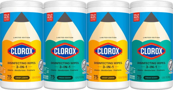 Clorox Disinfecting Wipes Back to School Variety Pack, 75 Count Each, Pack of 4 (Package May Vary) Lemon + Fresh