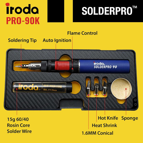 IRODA SolderPro 90K Professional Butane Soldering Iron Kit | Cordless 3-in-1 Tool | Fast Start & 53min Runtime with Case & Tips (Taiwan Made)