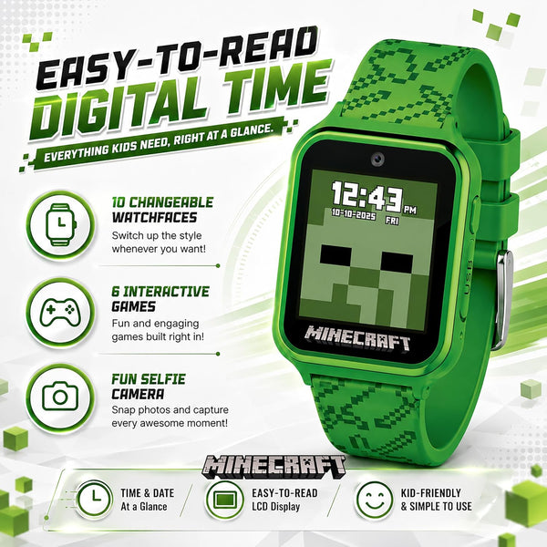 Minecraft Kids Smart Watch – Touchscreen Interactive Watch with 10 Customizable Clock Faces, Built-in Camera, Video Recorder, Alarm, Calculator,