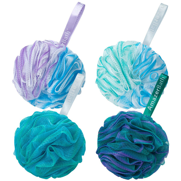 Amazerbath Loofah Sponge 75G/Piece, Exfoliating Bath Sponge Body Scrubber - Loofa Set of 4 Flower Color (Large, Green-Purple)