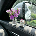Set of 2 Cute Mini Bunny and Peach Blossom in Flower Vase Car Rearview Mirror Ornaments Funny Dashboard Decorations Kawaii Car Interior