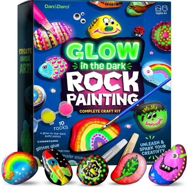 Dan&Darci Kids Rock Painting Kit - Glow in the Dark - Arts & Crafts Gifts for Boys and Girls Ages 6-12 - Craft Activities Kits - Creative Art Toys