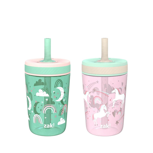 Zak Designs Kelso Toddler Cups for Travel or at Home, 15Oz 2-Pack Durable Plastic Sippy Cups with Leak-Proof Design Is Perfect for Kids (Fanciful Unicorn, Happy Skies)