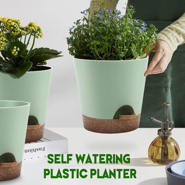 YNNICO Indoor Self Watering Planters with Drainage Holes and Saucers, 9,8, 7.5 Inches, Green, 3 Pots (Springgreen) 9+8+7.5 inch Springgreen