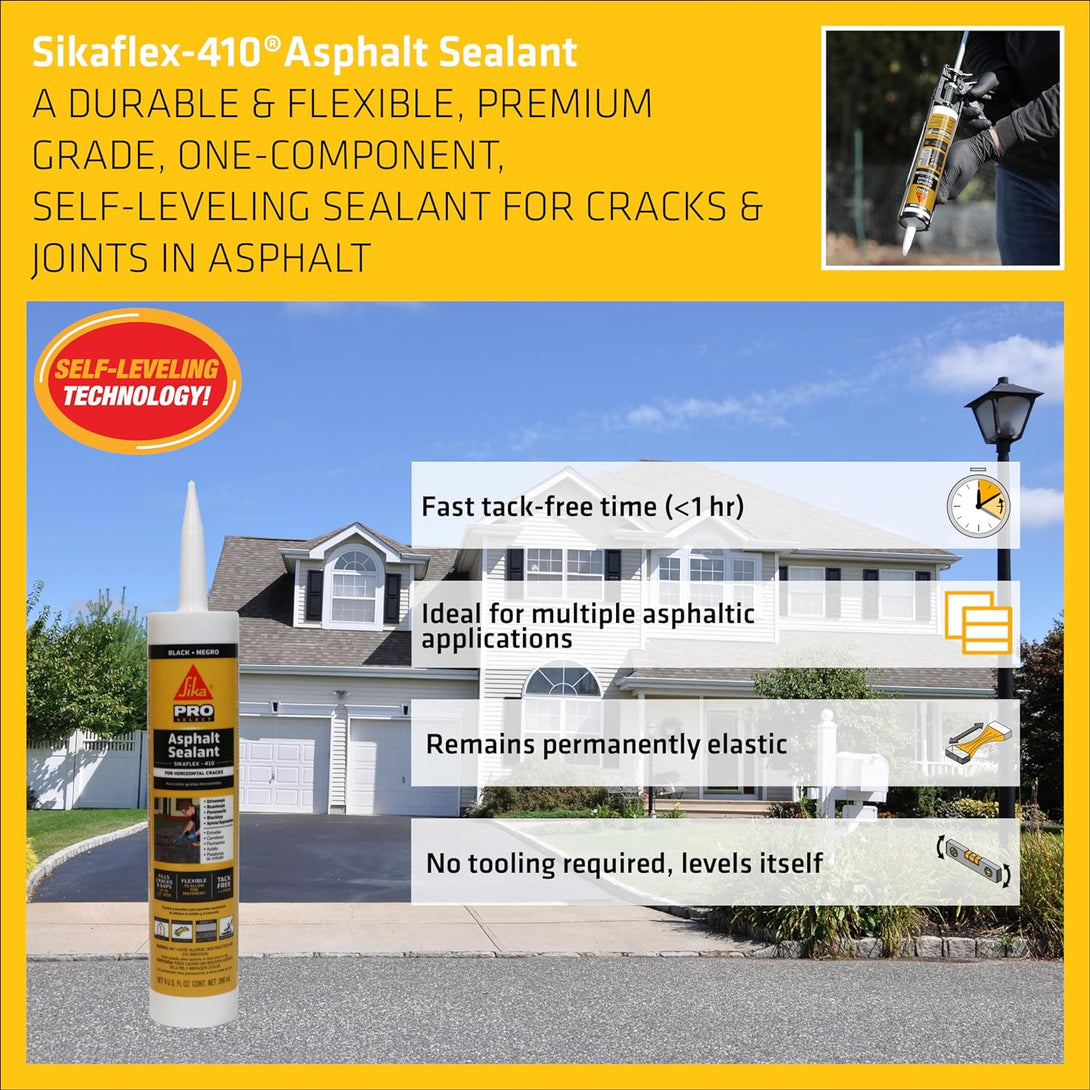 Sikaflex-410 Asphalt Sealant, Black, Self-Leveling Hybrid Sealant for Filling Cracks, for Private Asphalt Driveways, Roadways, Pavement, 9 Fl.Oz. Cartridge