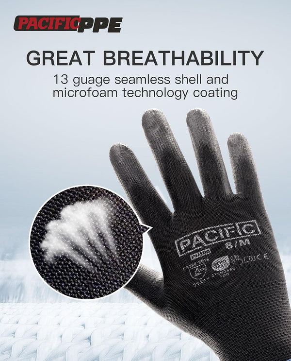 PACIFIC PPE Safety Work Gloves Medium(Fits like S) Black (18 Pairs)