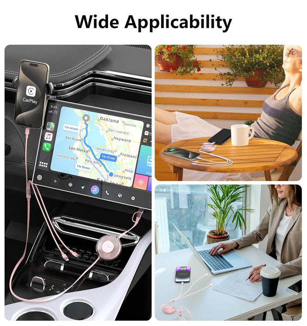 3-in-1 Retractable Multi Charging Cable, 100W Fast Charging USB-C/A to Lightning/USB-C/Micro USB Phone Charger Cord for iPhone 16/15, Samsung,