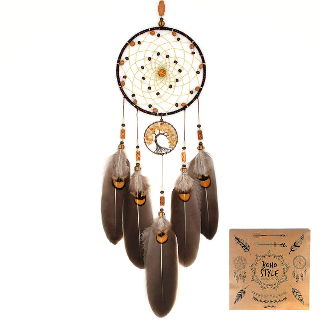 Urdeoms Brown Dream Catchers Tree of Life Boho Dreamcatcher for Bedroom Adult with Feathers and Citrine Crystal Wall Han