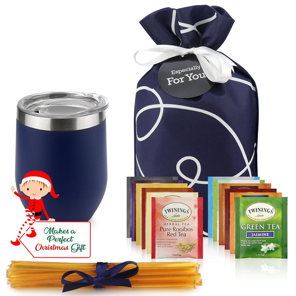Tea Lovers Gifts Basket - Gift Set Include Temperature Retention Cup 12 Special Blend Teabags & Honey Presented in Beautiful Gift Bag for Women &