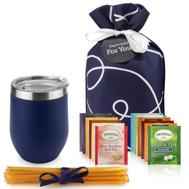 Tea Lovers Gifts Basket - Gift Set Include Temperature Retention Cup 12 Special Blend Teabags & Honey Presented in Beautiful Gift Bag for Women &